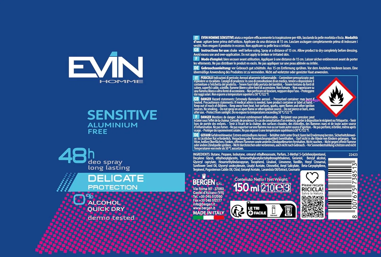 Дезодорант-антиперспирант для мужчин EVIN Homme Sensitive 48H, 6 x 150 мл, аромат Лимон, Тонка, Амбер — фото 2