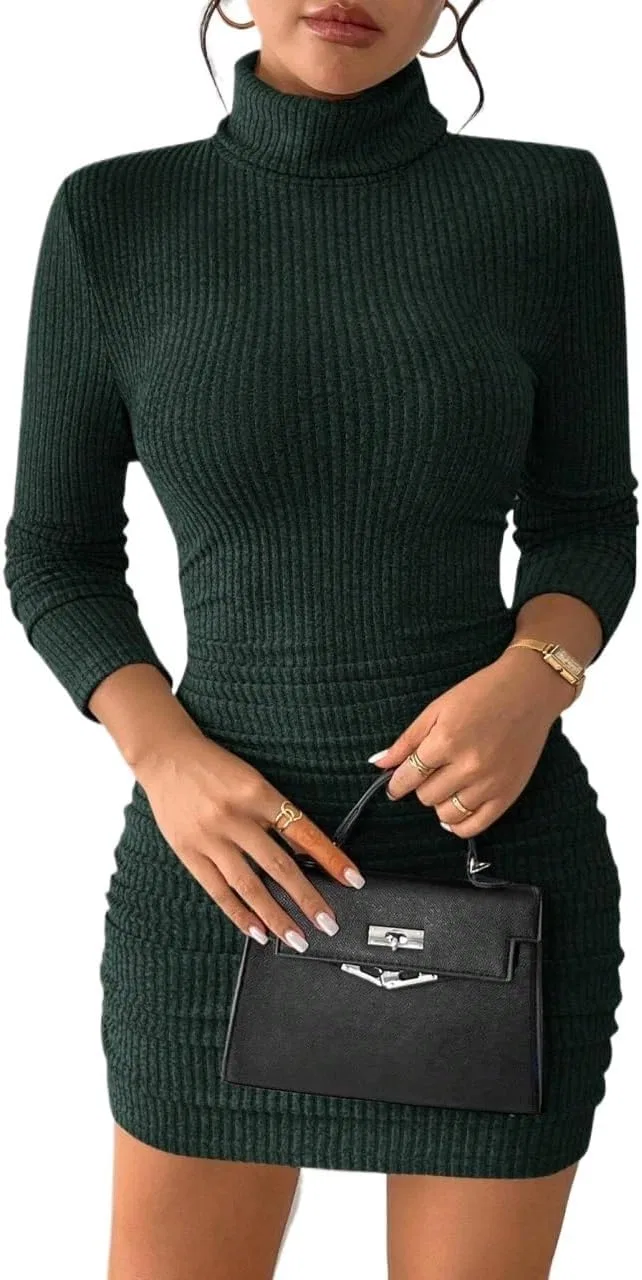 Женское облегающее мини-платье с высоким воротом Ribbed, Green