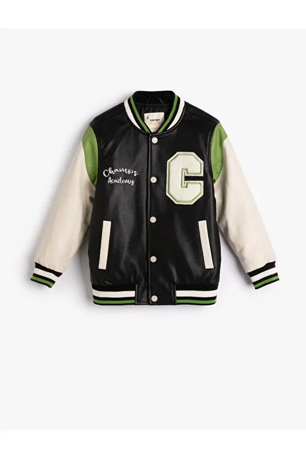 Детское пальто для девочек с принтом College jacket with leather look, applique and pocket details, snap button closure Koton, Black — фото 3