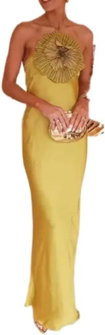 Женское вечернее платье с 3D цветами Halter Long Dress, Yellow
