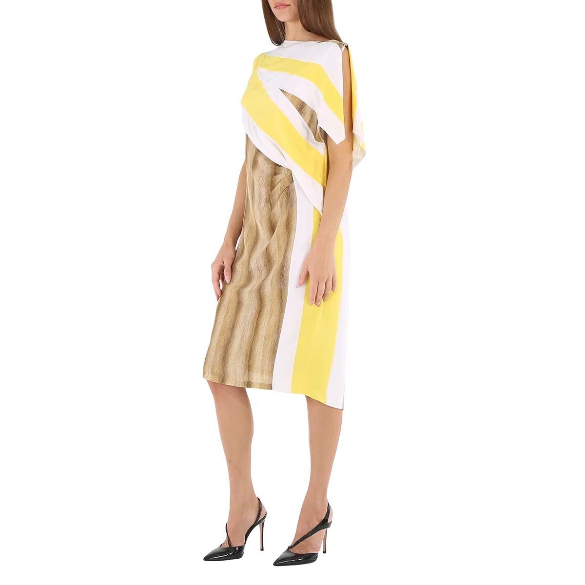 Платье из шелка с графическим принтом, асимметричное Burberry, Bright Straw — фото 3