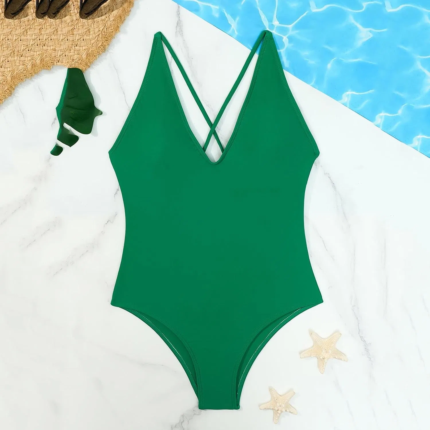 Женский цельный купальник с утяжкой живота Deep V Neck, A01_green — фото 3
