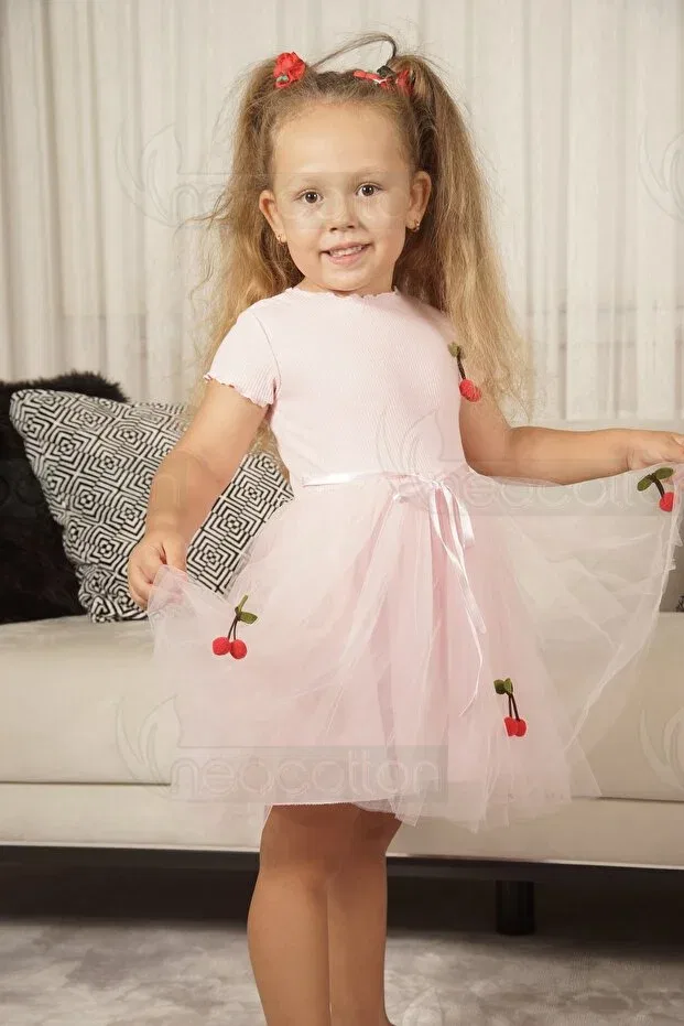 Детское платье для девочек с длинным рукавом Flexible and cherry tulle lined dress Neocotton, Short-Pink — фото 2