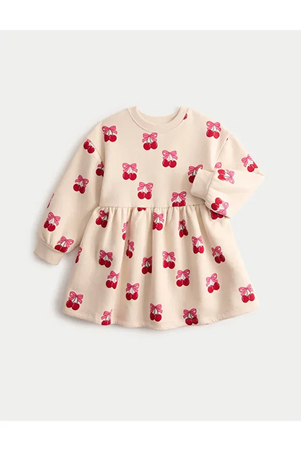 Детское платье для девочек хлопковое с принтом Cotton blend cherry patterned dress Marks & Spencer, Nude Color