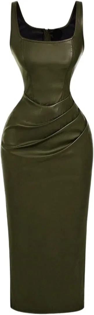 Женское облегающее платье миди из PU кожи с разрезом, Olive Green