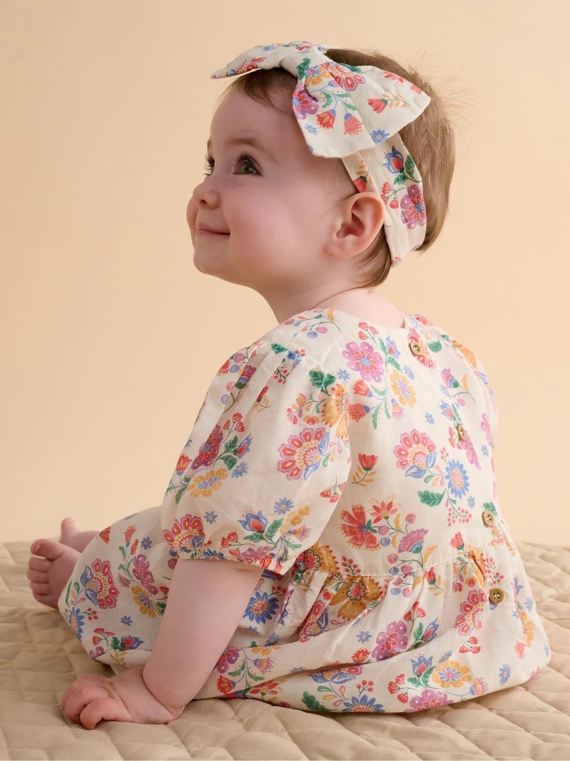 Платье и повязка на голову с цветочным принтом Purebaby, розовый — фото 3