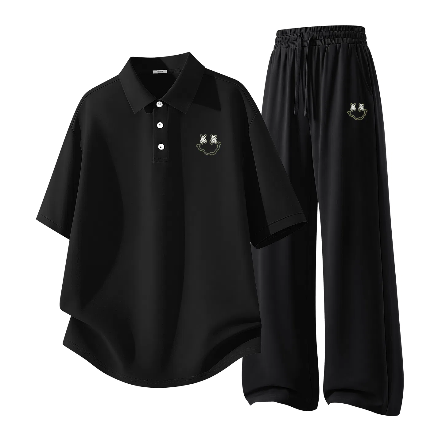 Детский комплект спортивной одежды с принтом MINISO, Black (B Smile Wreath Chest Logo)+Black (B Smile Wreath Pants Logo)