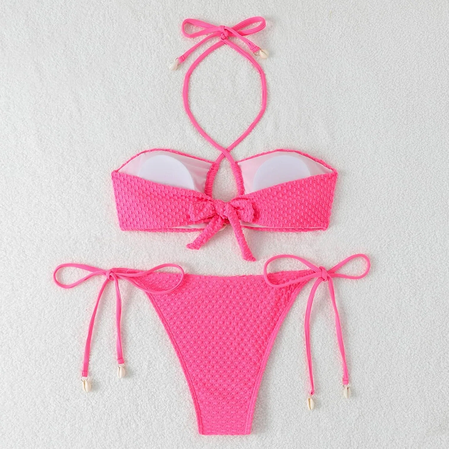 Женский бикини-комплект с треугольным топом и завязками, Hot Pink — фото 4