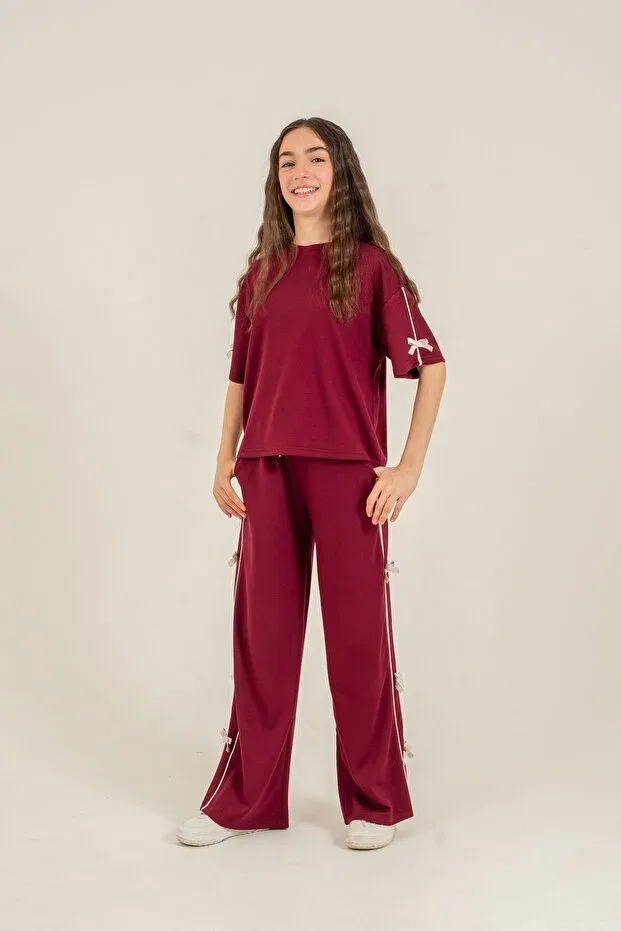 Детский комплект для девочек из футера с бантом Mışıl Kids, Burgundy