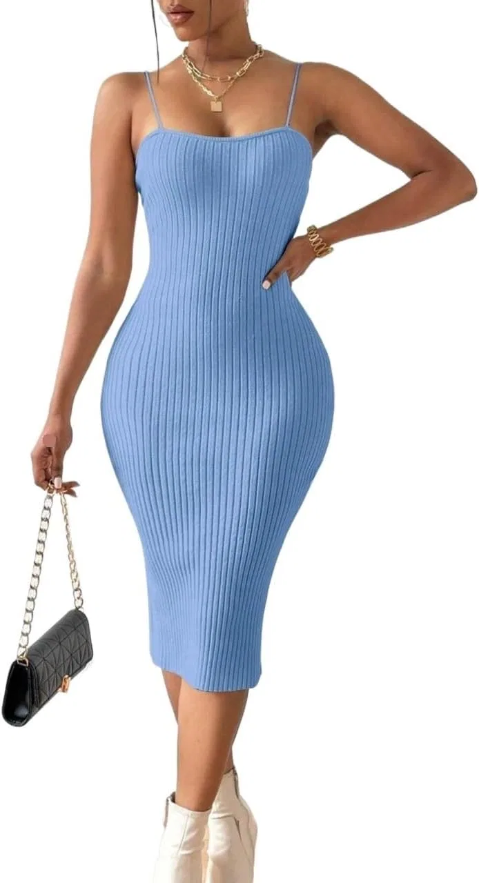 Женское повседневное платье миди с открытой спиной Rib-Knit, Blue