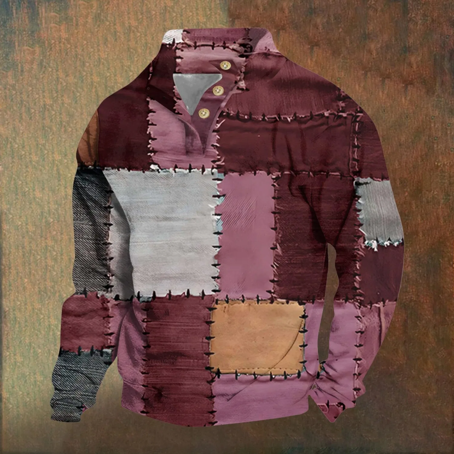 Мужской свитшот свободного кроя с V-образным вырезом и пуговицами, модель Patchwork, Red — фото 2
