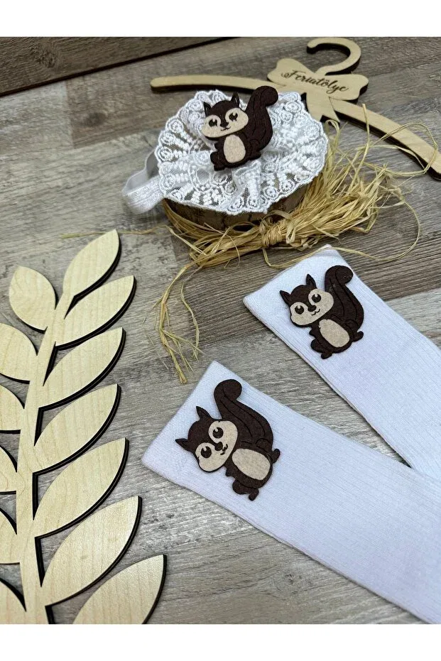 Детские носки для девочек с принтом Squirrel figured white lace baby girl headband and squirrel concept baby white knee socks Feriatolye, White — фото 3
