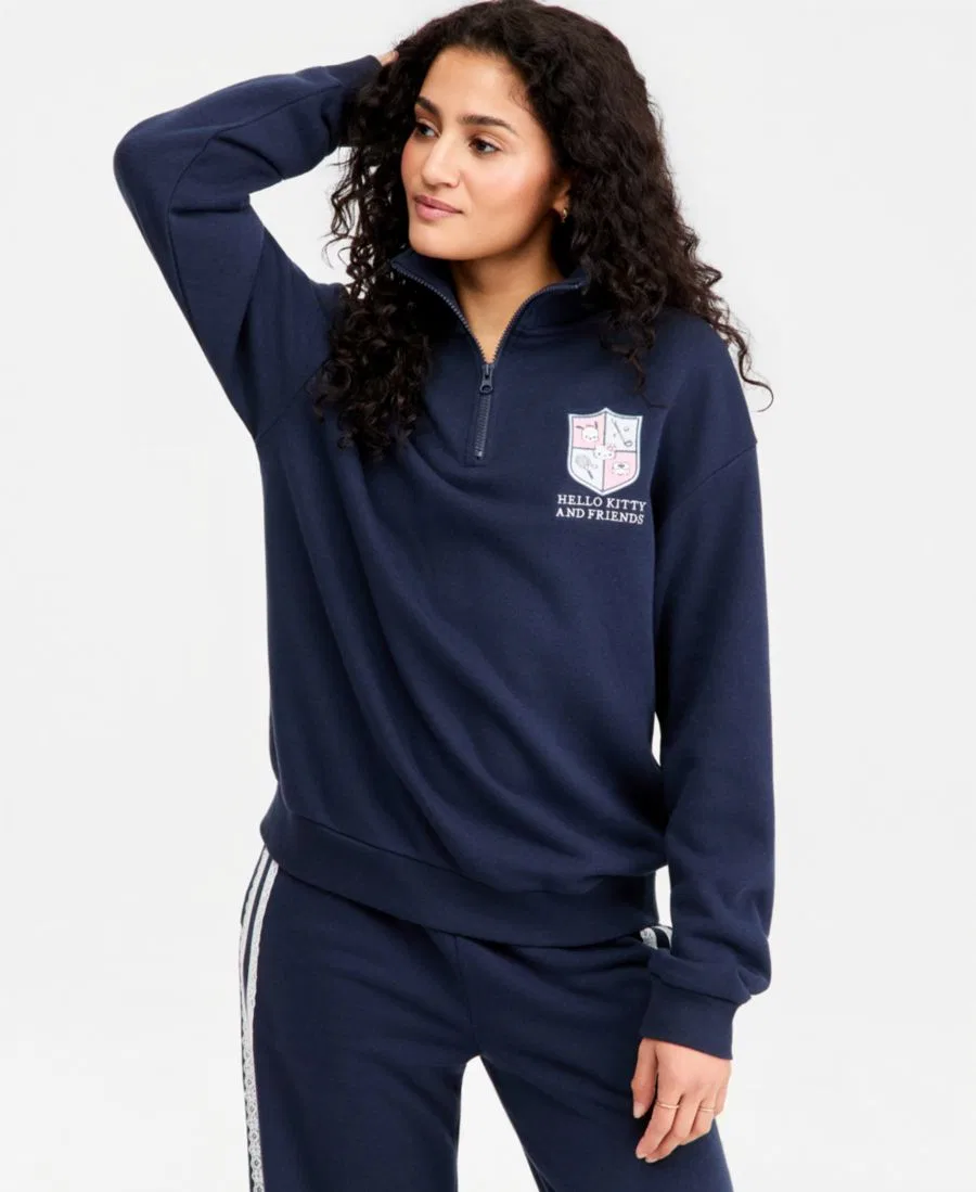 Свитшот с воротником-хомутом и принтом Hello Kitty с четвертью молнией Love Tribe, Navy Blazer