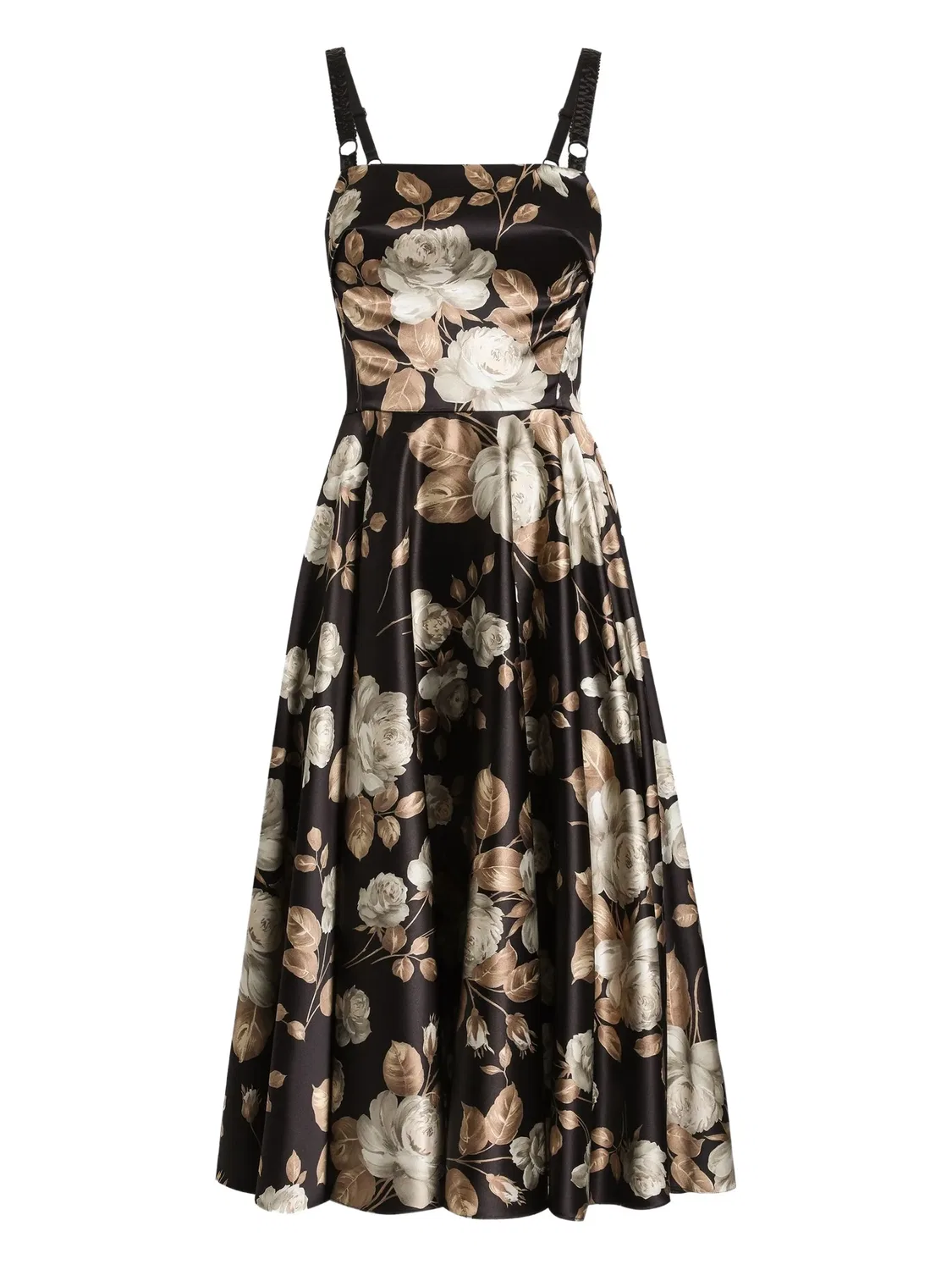 Платье-миди из сатина, черное с розовым принтом Dolce & Gabbana, черный