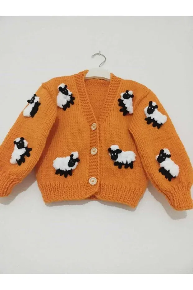 Детский кардиган с принтом Hand knitted lamb cardigan El Örgüsü Cici Bebe, Orange — фото 4