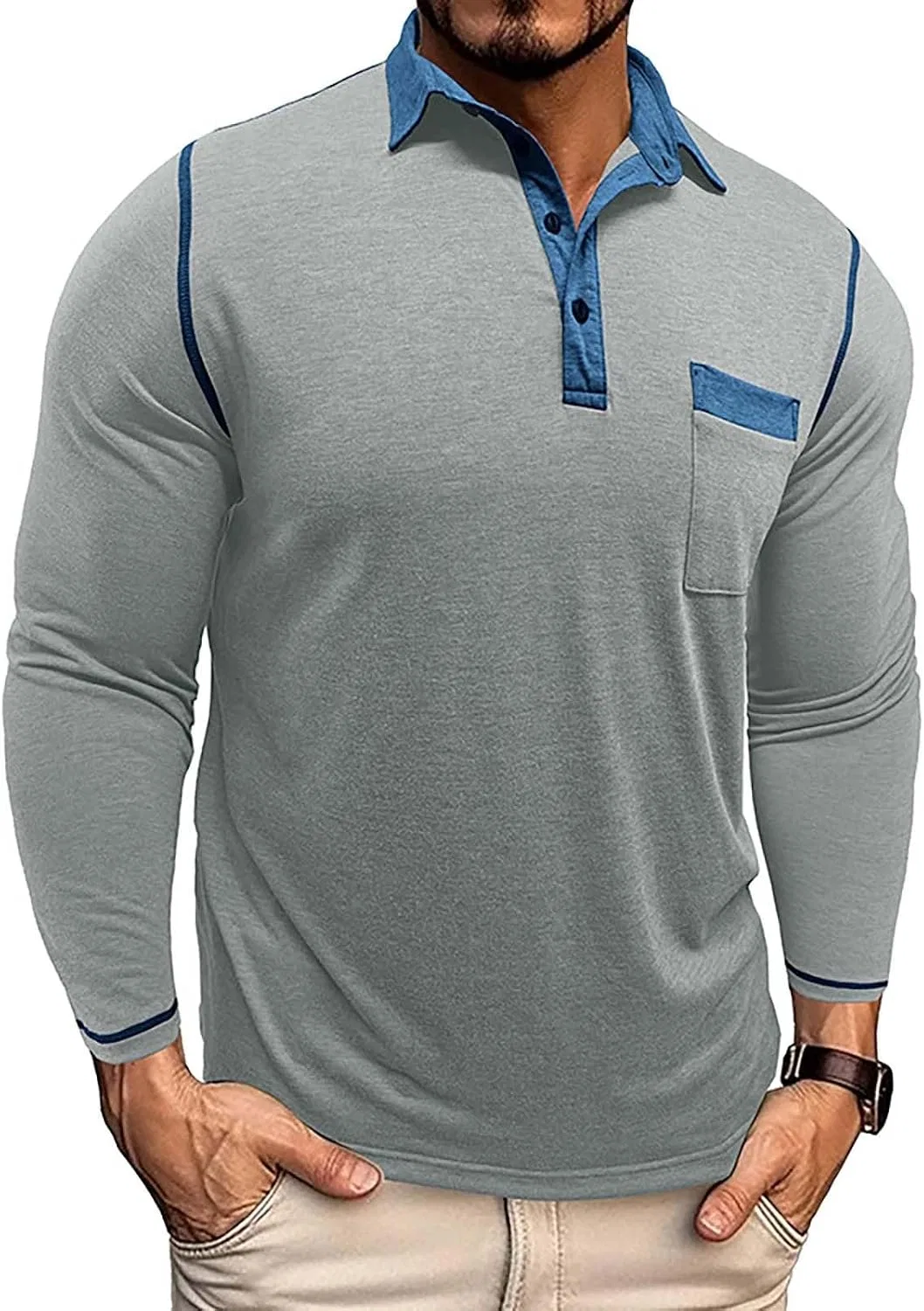 Мужская длинная футболка поло с карманом, Light Gray