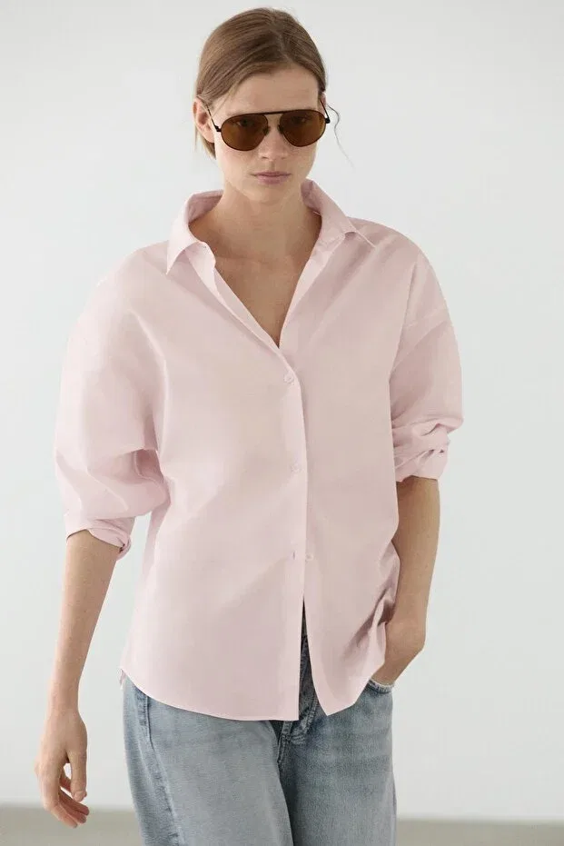 Женская рубашка из поплина с длинным рукавом Massimo Dutti, Pink — фото 2