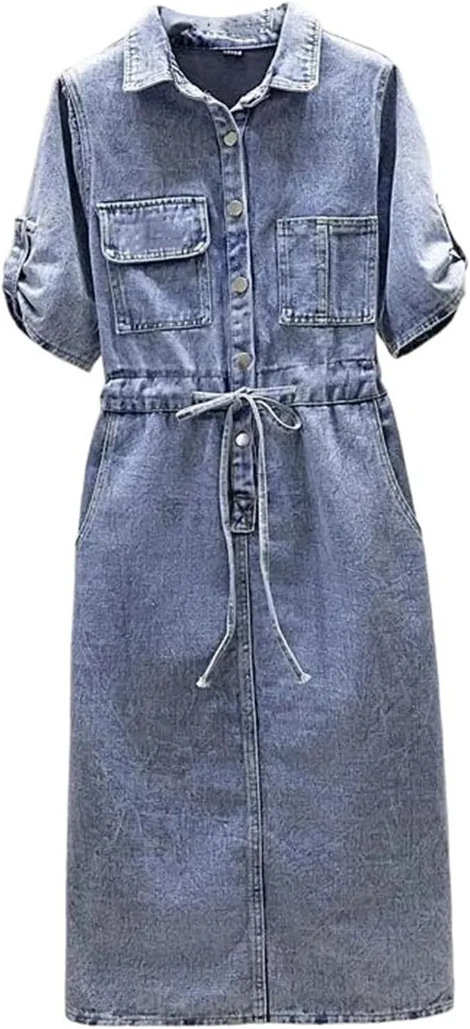 Женское джинсовое платье с поясом Casual, Denim Blue