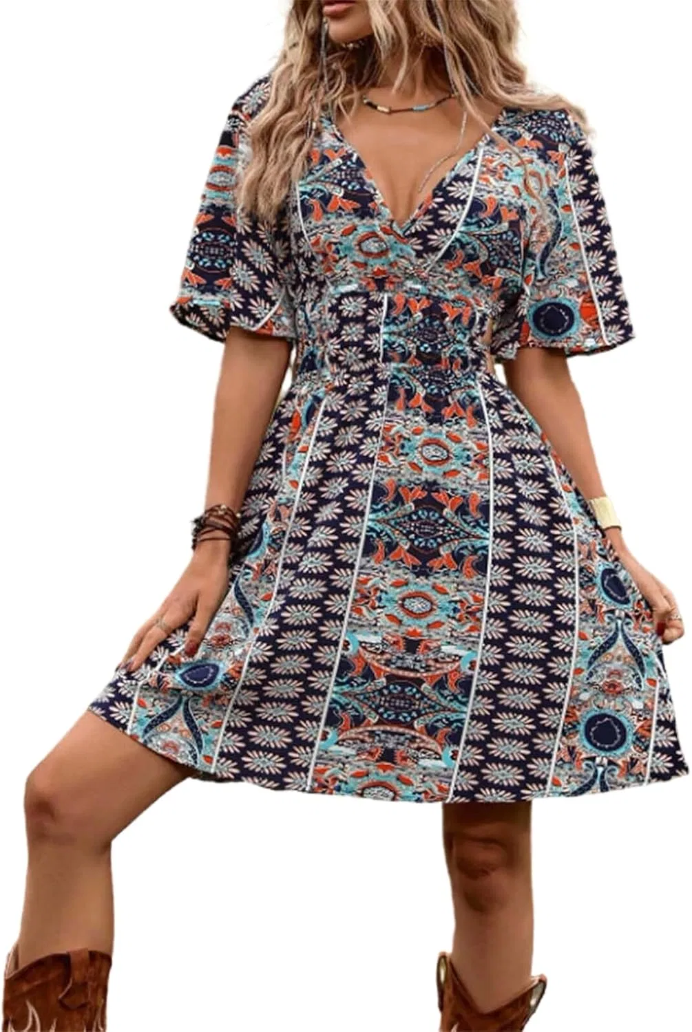 Женское мини-платье с богемным принтом Flutter Sleeve Cutout Back Summer Festival, Blue