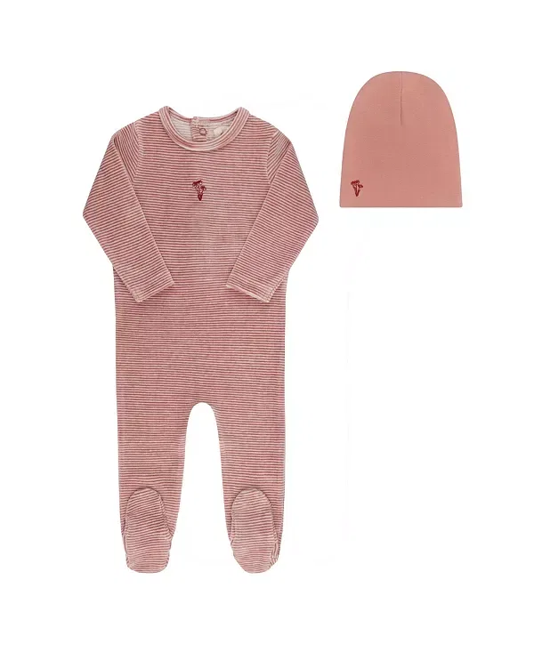 Детский слип-пижама с ножками с велюровыми полосками Unisex velour stripe collection footie + beanie Ely'S & Co., Dark Pink