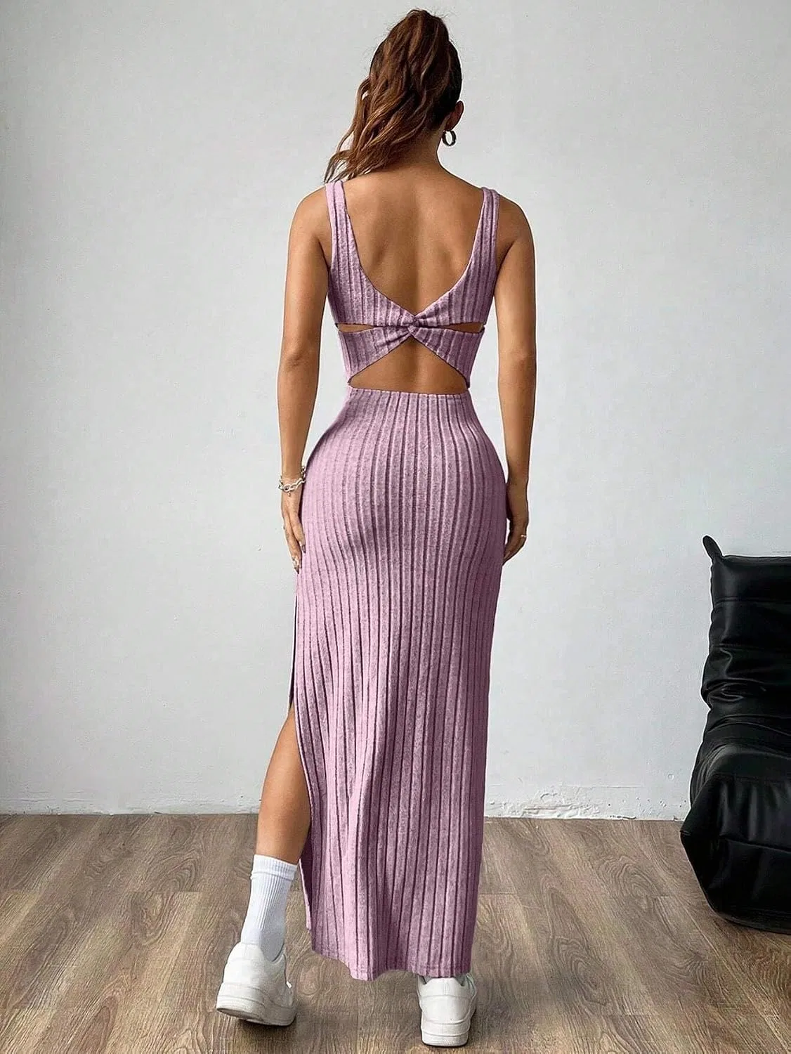 Женское облегающее платье с квадратным вырезом без рукавов, Mauve Purple — фото 3