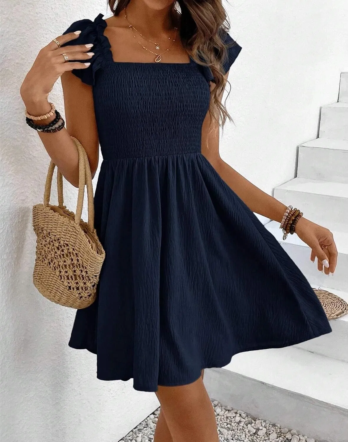 Женское повседневное платье с рюшами A-силуэта, Navy Blue — фото 4