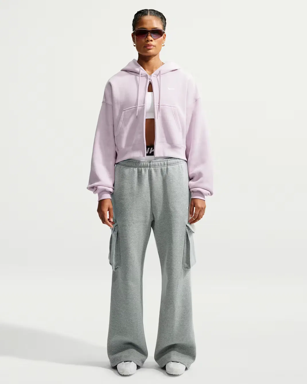 Женская укороченная толстовка оверсайз на молнии Nike Studio Fleece Medium Weight, Bleached Lilac/Sail — фото 4