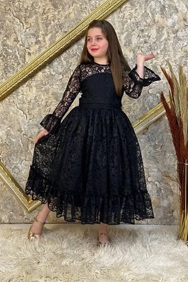 Детское платье для девочек кружевное с вышивкой Abiyekids, Black