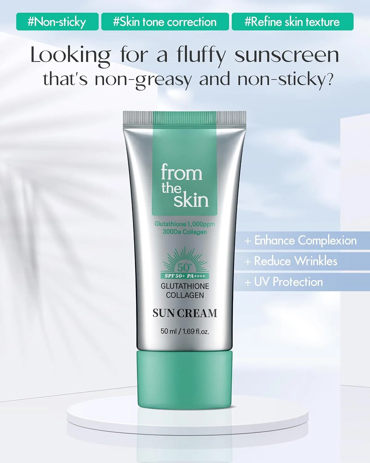 Солнцезащитный крем SPF50+ PA+++ FROM THE SKIN с глутатионом и коллагеном, 50 мл, зеленый — фото 3