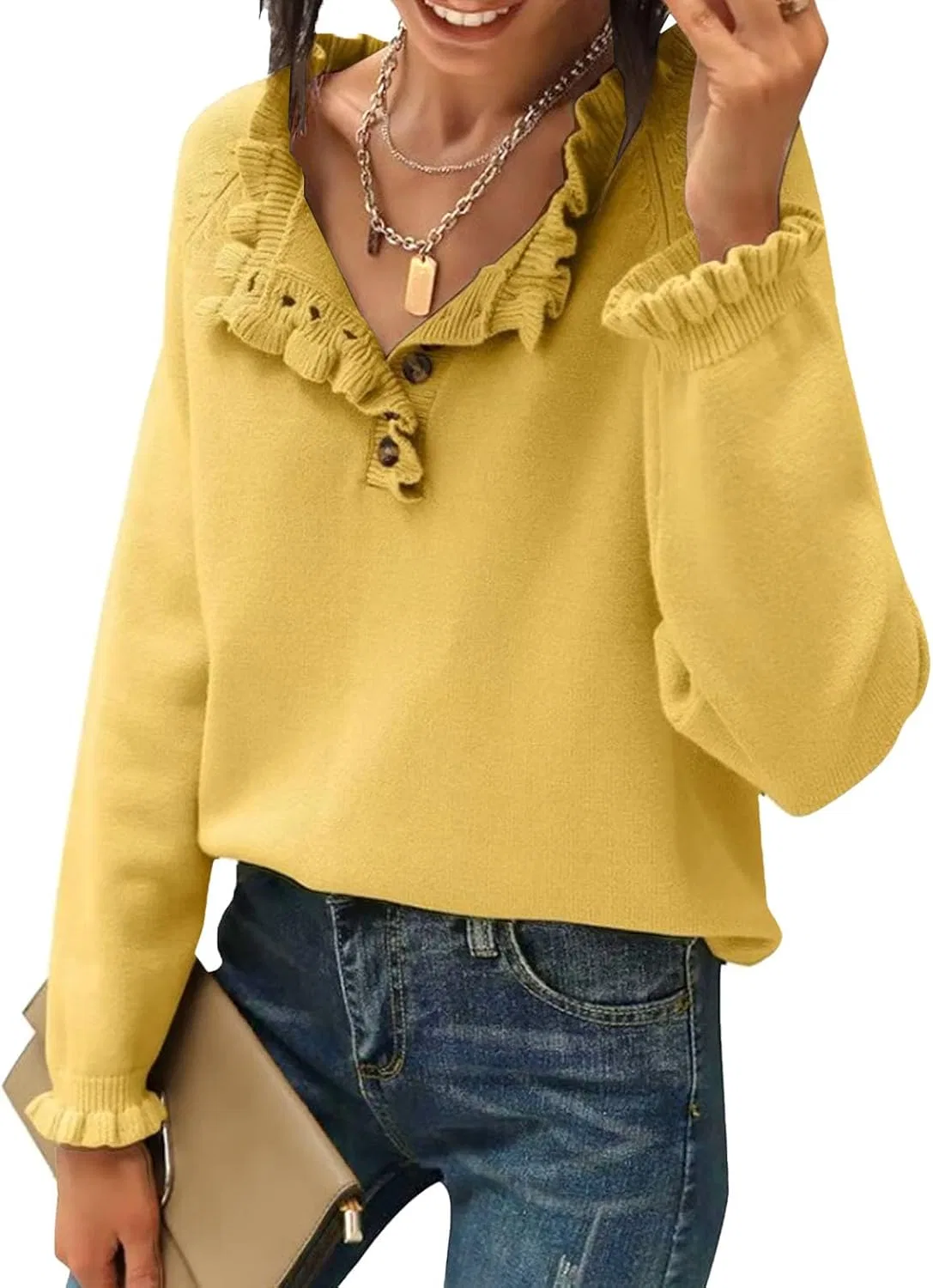 Женский свитер с рюшами, модель Ruffle Sweaters, жёлтый