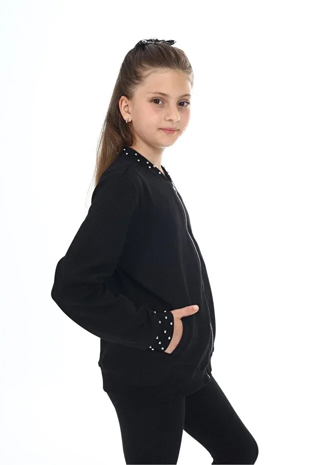 Детский кардиган для девочек с принтом Black Girls' College Collar Zippered Pocket Beaded Knitted Cardigan - 2 Thread Toontoy, Black — фото 3