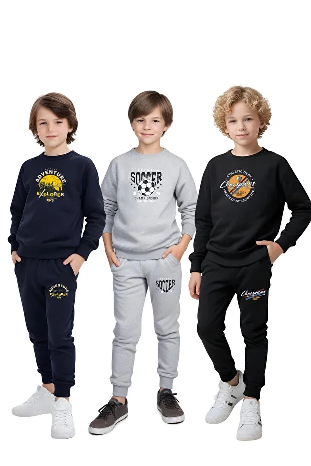 Детский комплект спортивного костюма для мальчиков с принтом Fyk Kids, Navy Blue-Grey-Black