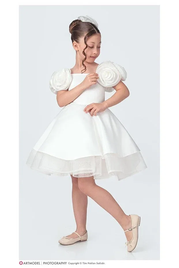 Детское платье для девочек с принтом White Dress With Roses On The Shoulders Zeya, Ecru — фото 2