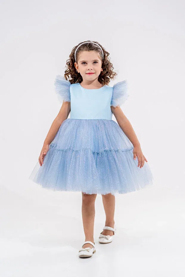 Детское платье для девочек с коротким рукавом Crown Gifted Sleeves Ruffled Eray Kids, Blue