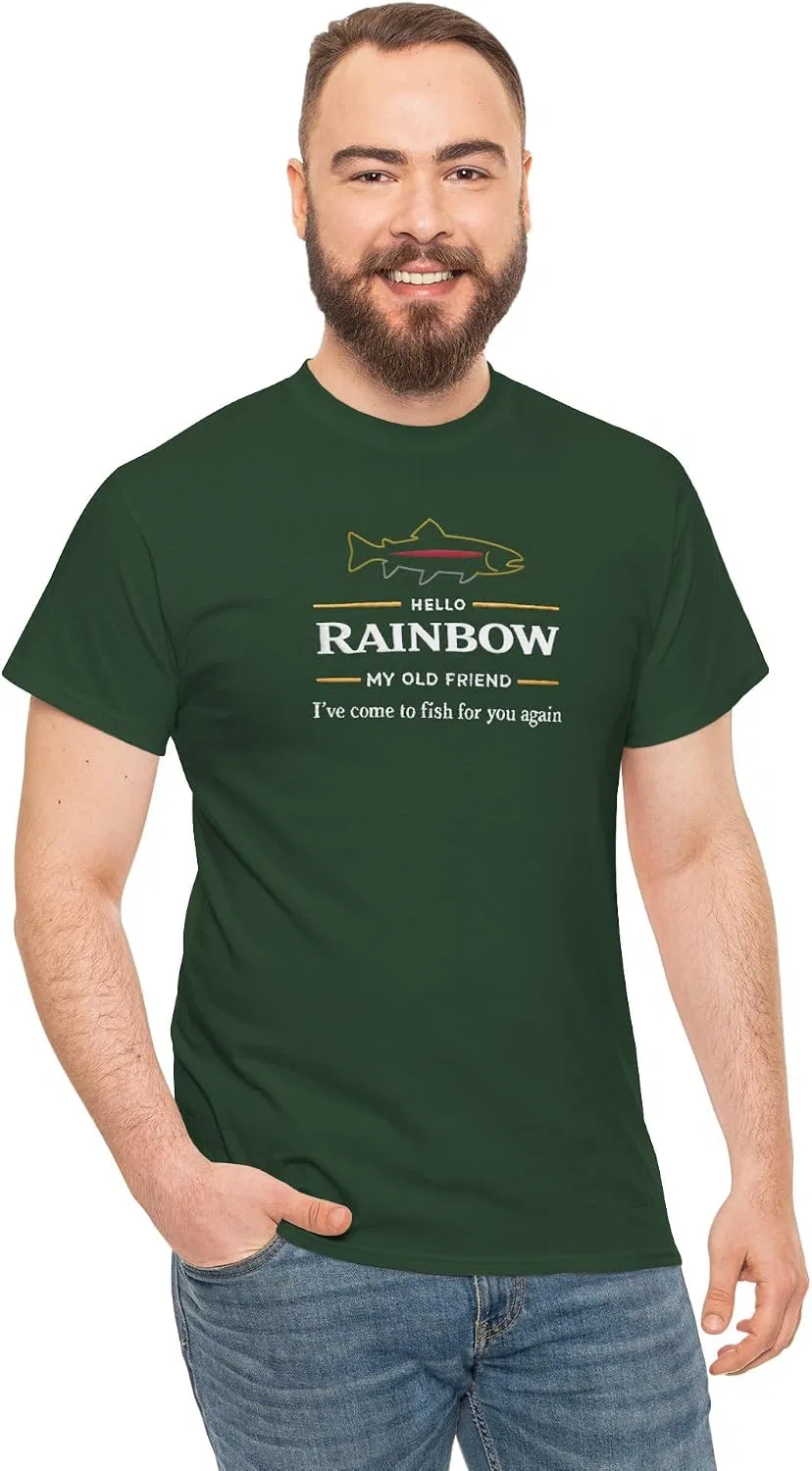Женская футболка с принтом Hello Rainbow My Old Friend Trout Fishing, тёмно-зелёный — фото 2