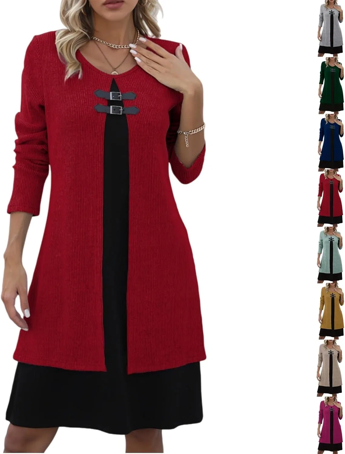 Женское платье миди с двойной пряжкой Ribbed Knit, Burgundy