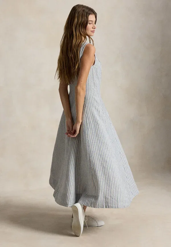 Платье рубашка с полосками Striped paneled linen dress Polo Ralph Lauren, синий — фото 3
