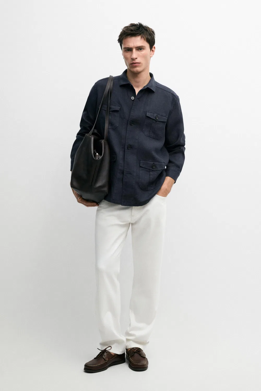Рубашка из плотного льна с карманами Massimo Dutti, темно-синий