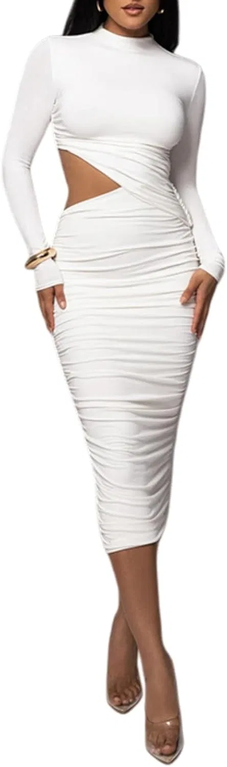 Женское коктейльное платье миди с вырезами Long Sleeve, White