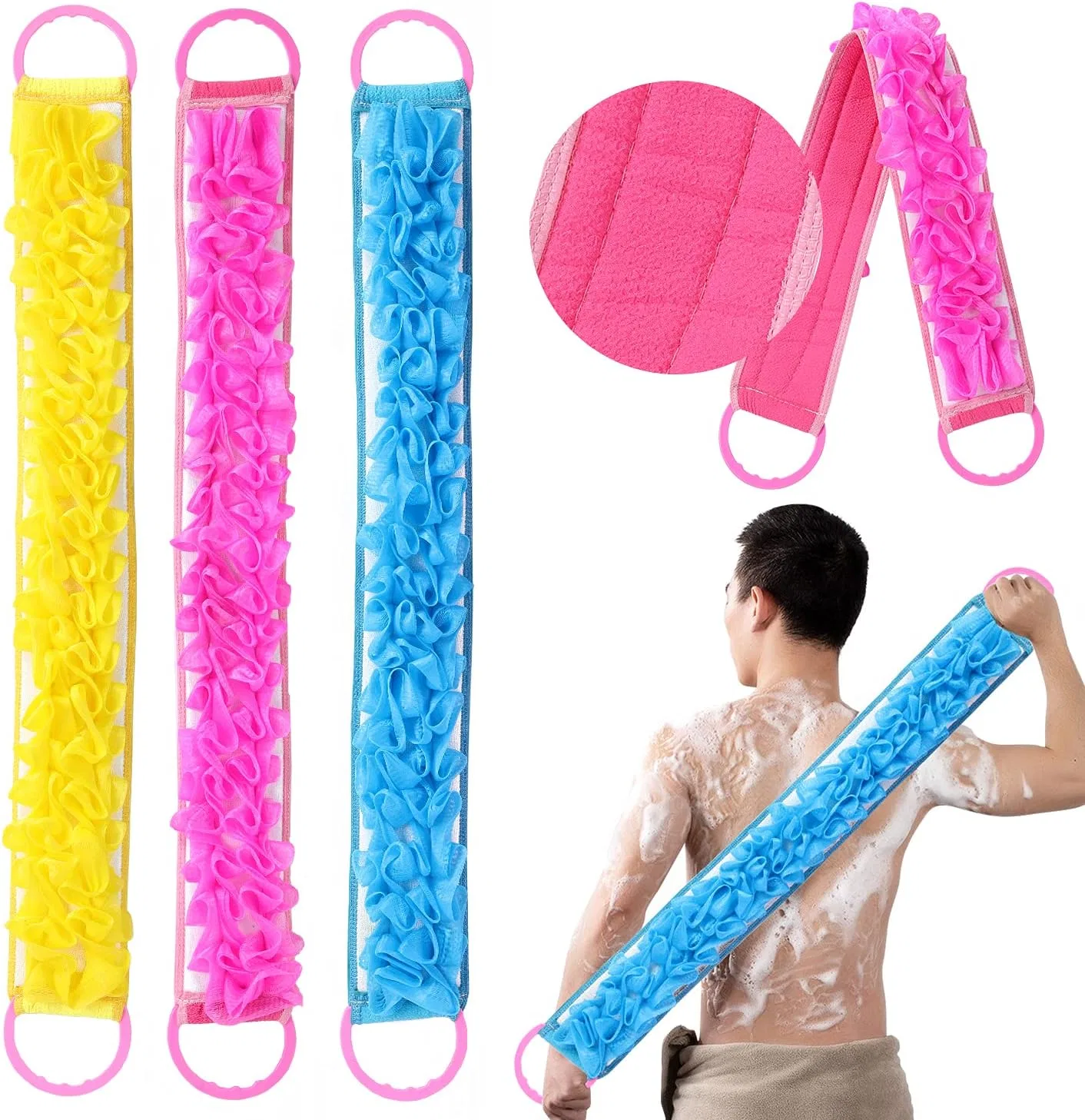 Мочалка для душа двусторонняя, 3 шт, Angla, 75x10 см, Pink, Yellow, Blue
