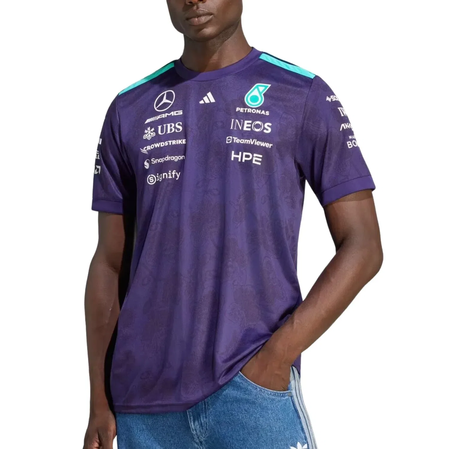 Мужская игровая майка Mercedes AMG Petronas F1 Vanda Bloom Driver Jersey Asia Sizing 'Dark Purple' adidas, Dark Purple — фото 2