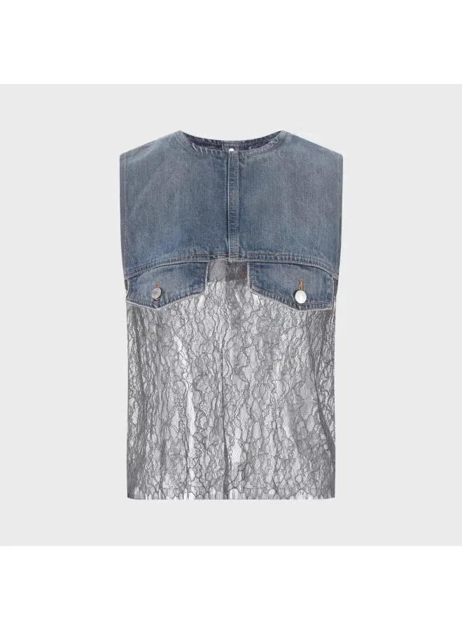 Топ джинсовый без рукавов с кружевной отделкой Zara, серо-синий — фото 2