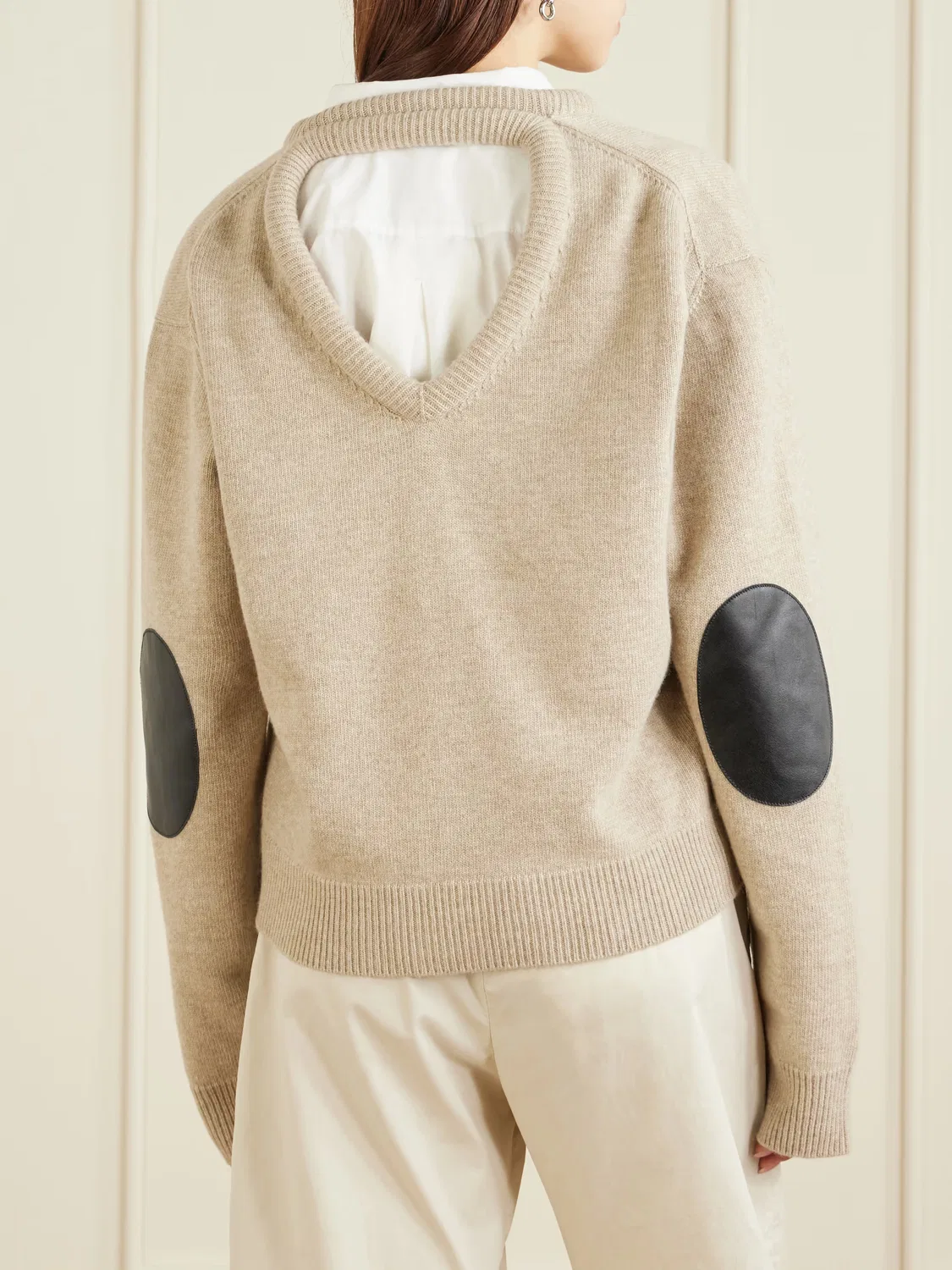 Шерстяной свитер с кожаной отделкой Acne Studios, бежевый — фото 4