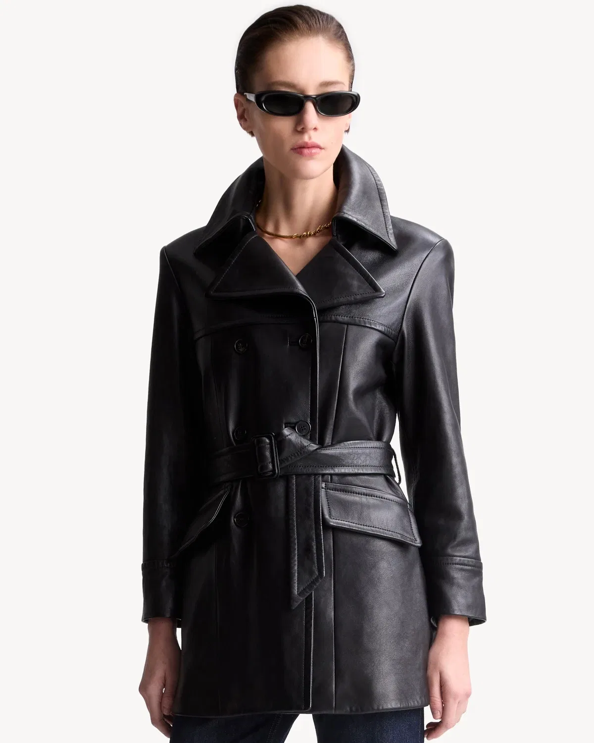 Пальто из овечьей кожи с поясом SAINT LAURENT, черный — фото 2