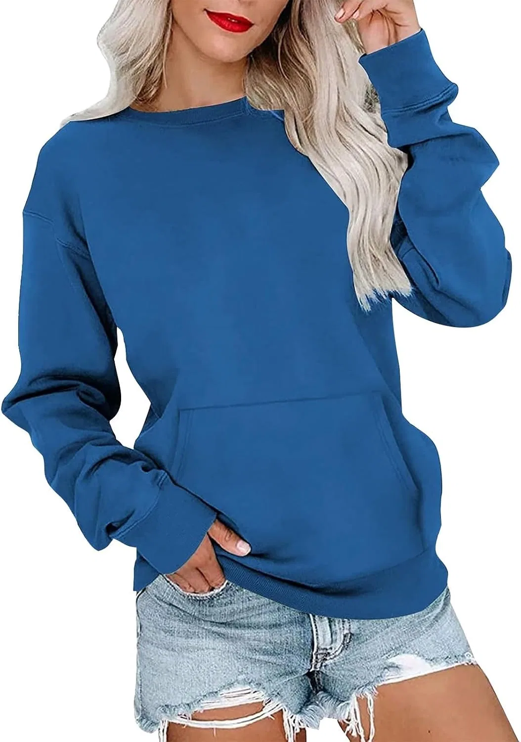 Женский свитшот без капюшона с карманами, Fleece Pullover, королевский синий