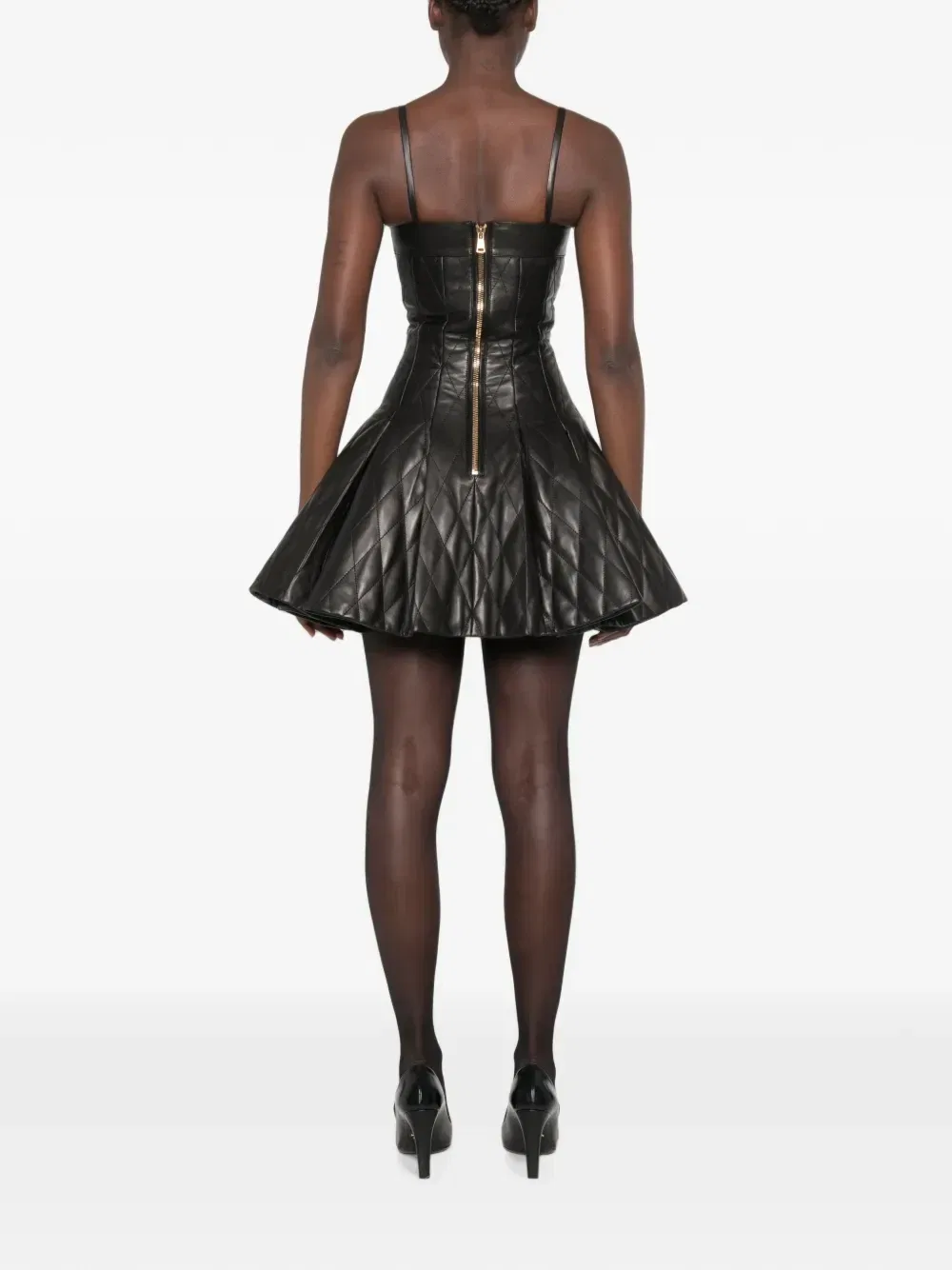 Стеганое кожаное мини-платье Balmain, черный — фото 4