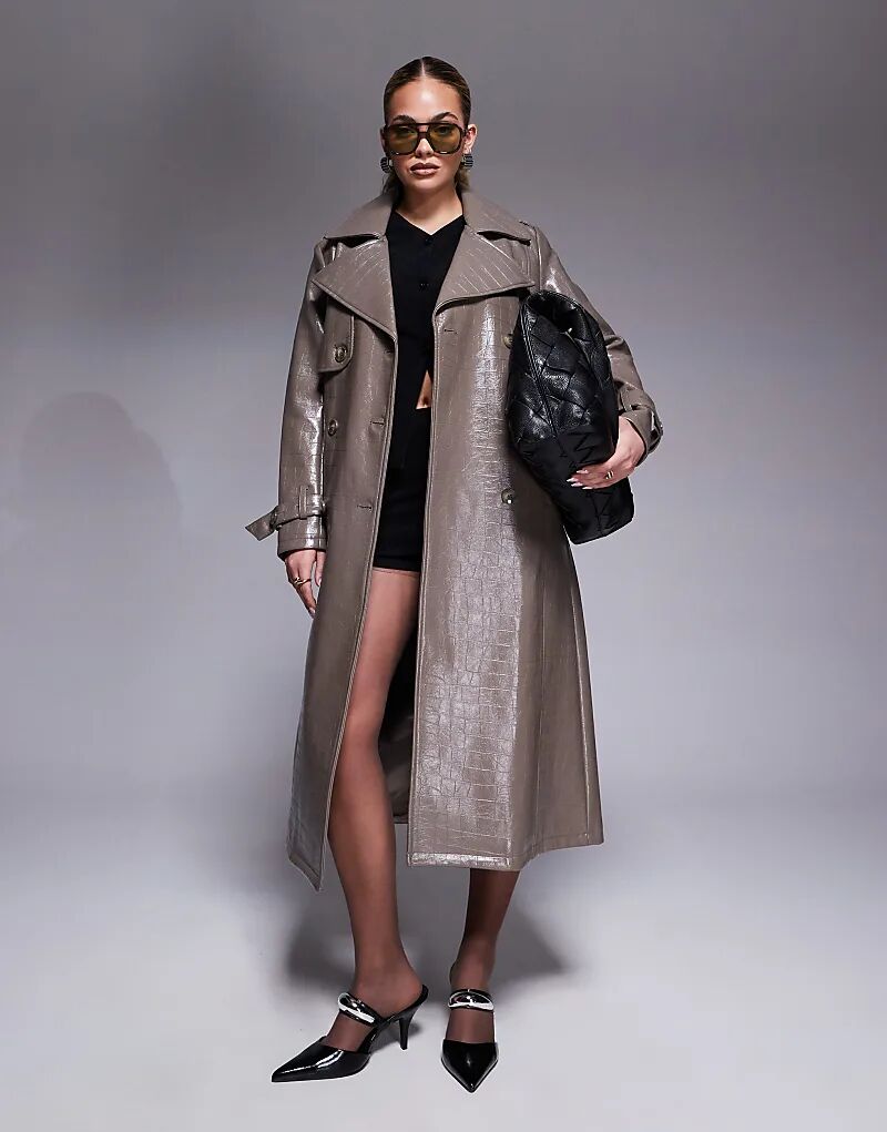 

Тренч из искусственной кожи крокодила цвета темного камня River Island, Серый, Тренч из искусственной кожи крокодила цвета темного камня River Island