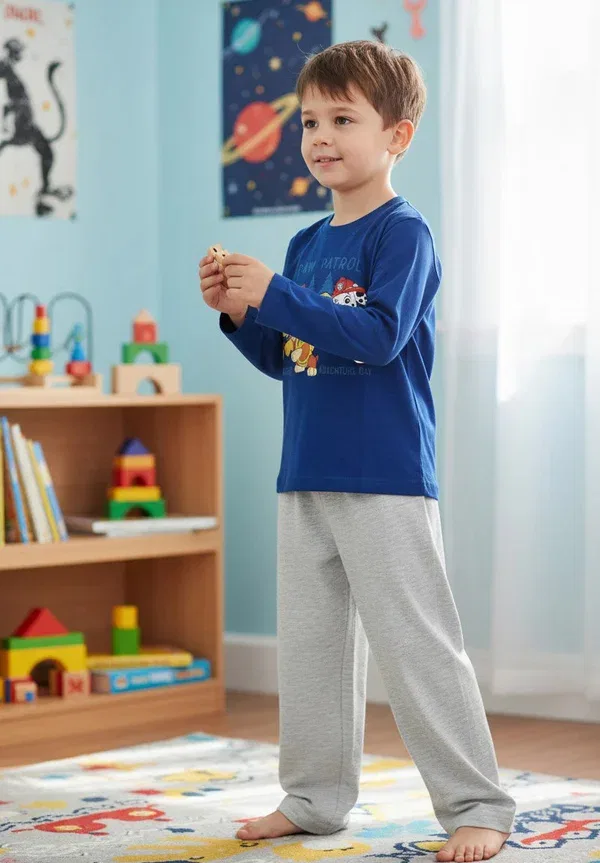 Пижама с принтом Paw Patrol из хлопка, длинный рукав, брюки, комплект, Paw Patrol, синий, серый — фото 3