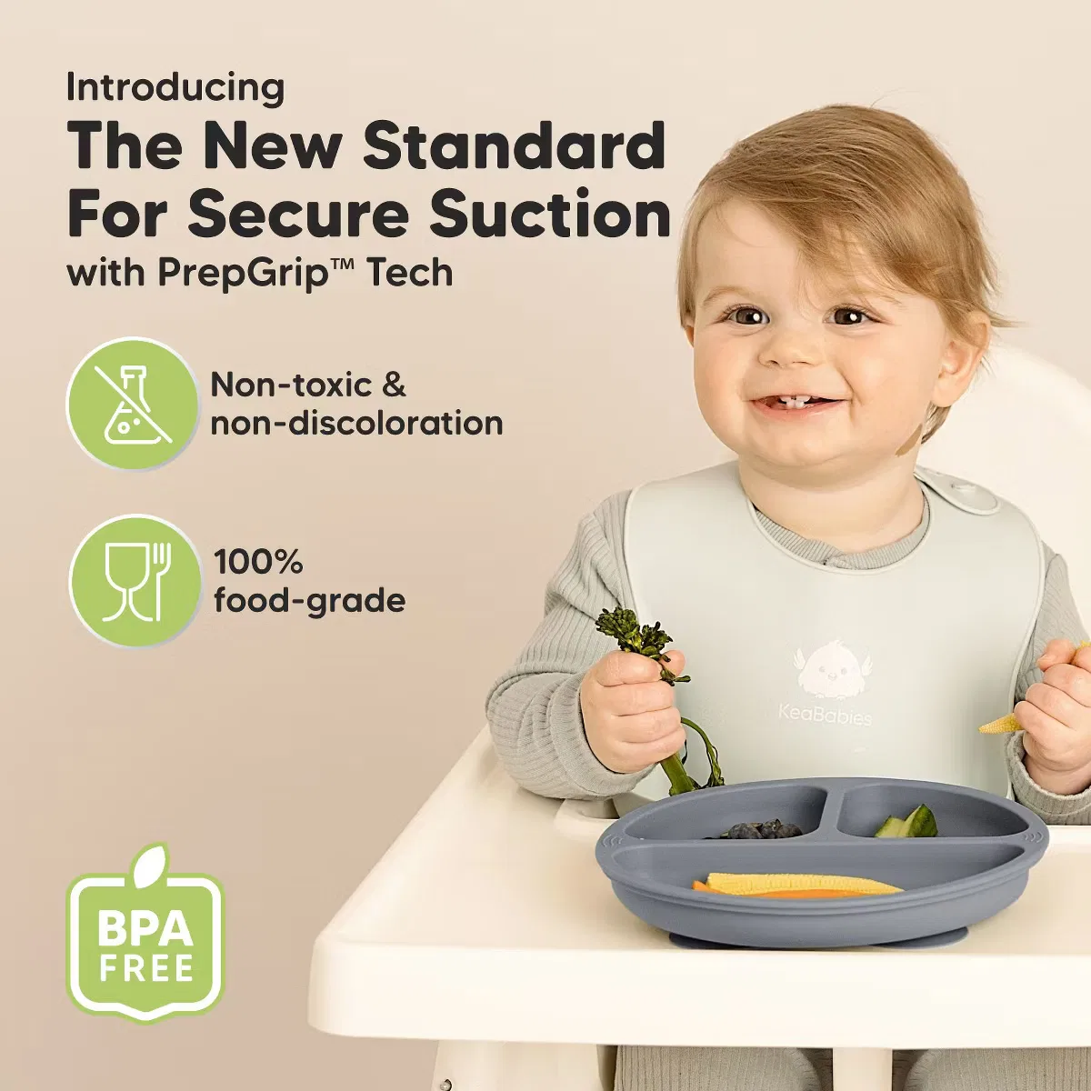 Тарелки детские с присосками 20 см силиконовые комплект из 3 штук Prep Suction Plates KeaBabies, Slate — фото 2