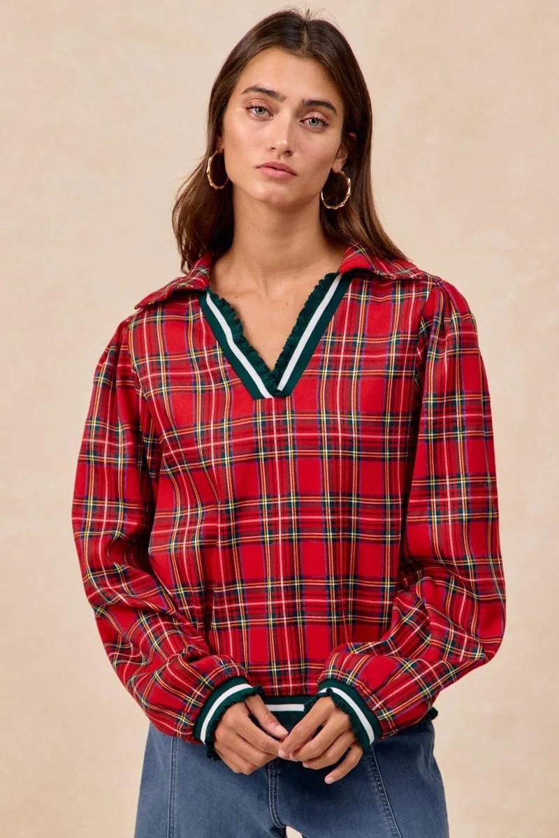Женская рубашка с рюшами, Christmas Plaid, красный — фото 2
